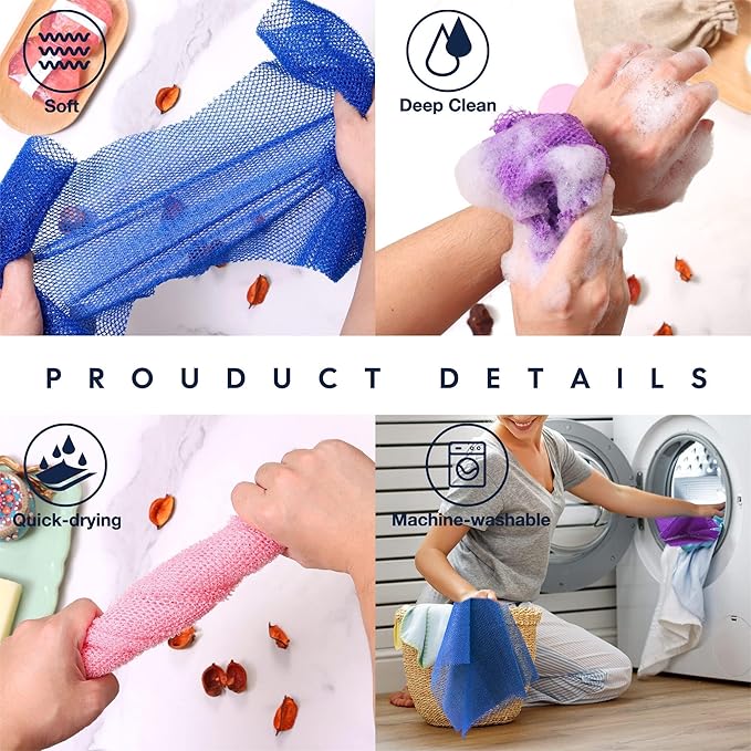 UJFQBH 3 Pieces African Bath Sponge African Net Long Net Bath Sponge Exfoliating Shower Body Scrubber Back Scrubber Skin Smoother,Great for Daily Use (Brown, Blue, Purple)-Velvo Beauty