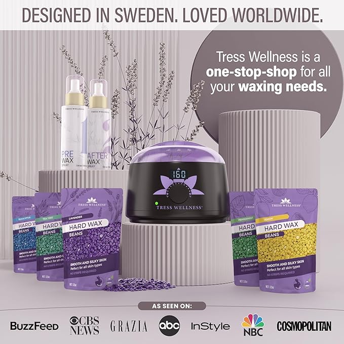 Tress Wellness Waxing Kit for Sensitive Skin – Safe for Face & Skin, Prep & Aftercare Spray, Easy to Use – At-Home Kit for Face, Bikini, Brazilian & Full Body - Digital Display, Dusty Lilac-Velvo Beauty