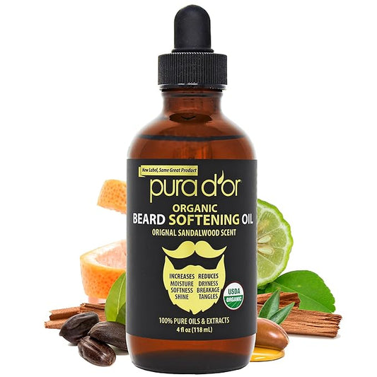PURA D'OR 4 Oz ORGANIC Beard Softening Oil - Original Sandalwood Scent - Leave-In Conditioner, Argan & Jojoba Oil - Mustache Care & Maintenance, Increase Softness & Strength - Beard Hair, Skin & Face-Velvo Beauty
