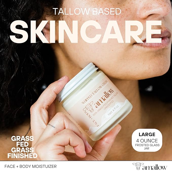 Amallow 100% Grass Fed Beef Tallow for Skin Care - Face + Body - Whipped Moisturizer for Sensitive Skin - Natural Lotion, 4 FL. oz. (Unscented)-Velvo Beauty