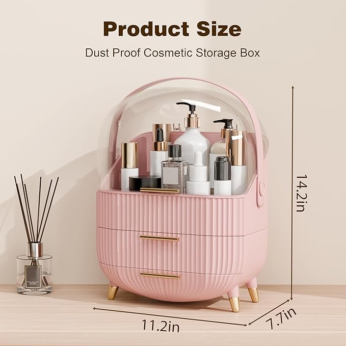 Makeup Organizer for Vanity Cosmetics Skincare Organizers with Lid and Drawers Display Cases for Countertop (Pink)-Velvo Beauty