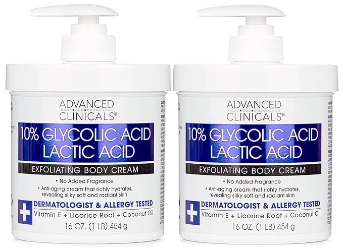 Advanced Clinicals 10% Glycolic Acid + Lactic Acid Lotion Exfoliant Moisturizing Cream With Hyaluronic Acid Moisturizer | AHA Exfoliating Body Cream Improves Look Of Uneven Rough Skin Texture, 2-Pack-Velvo Beauty