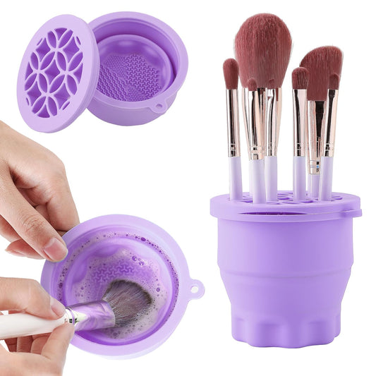 Makeup Brush Cleaner - Foldable Silicone Makeup Brush Cleaner Mat with Brush Storage Holder Makeup Brush Cleaning Bowl Cosmetic Brush Washing Tool for Cleaning Organizer and Drying (Purple)-Velvo Beauty