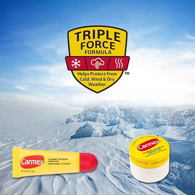 Set of 6 Medicated Lip Balms by Carmex: 3 Jars and 3 Tubes. Carmex Lip Balm Moisturizer, Trusted Relief for Dry, Chapped Lips. Bundled with Silicone Lip Brush and Lip Balm Holder Keychain (White)-Velvo Beauty