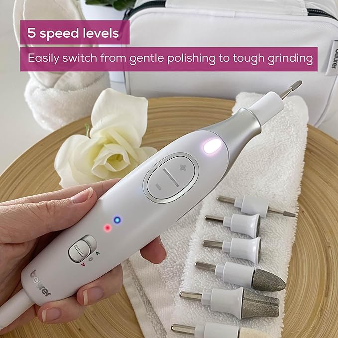 Beurer MP42 Nail Drill, 7-in-1 Nail Kit with Strong Sapphire Nail Drill Bits, Electric Nail File and Nail Buffer Includes Bright LED Light, Pedicure Kit and Manicure Set with Storage Case-Velvo Beauty
