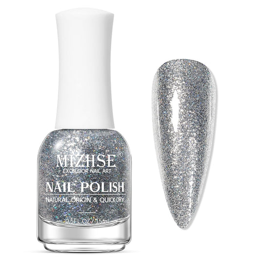 MIZHSE Quick Dry Glitter Silver Nail Polish, Classic Nail Polish Air Dry Fast, 15ml High Glossy Sparkly Shiny Shimmery Nail Art Salon Manicure Home-Velvo Beauty
