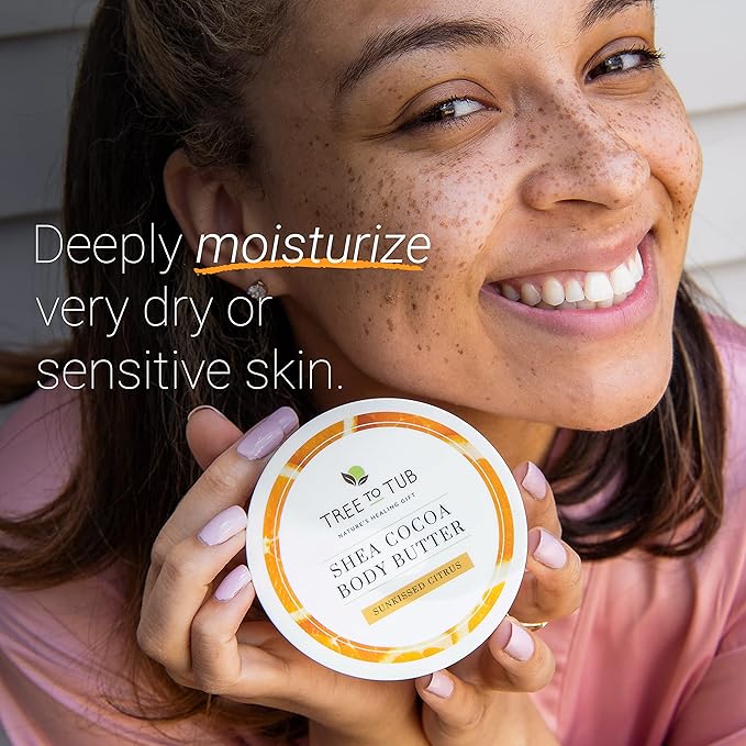 Tree to Tub Shea Body Butter for Dry, Extremely Dry, Sensitive Skin - Moisturizing Body Cream for Women & Men, Hydrating Body Lotion Moisturizer w/Vitamin C, Organic Cocoa, All Natural Citrus Scent-Velvo Beauty