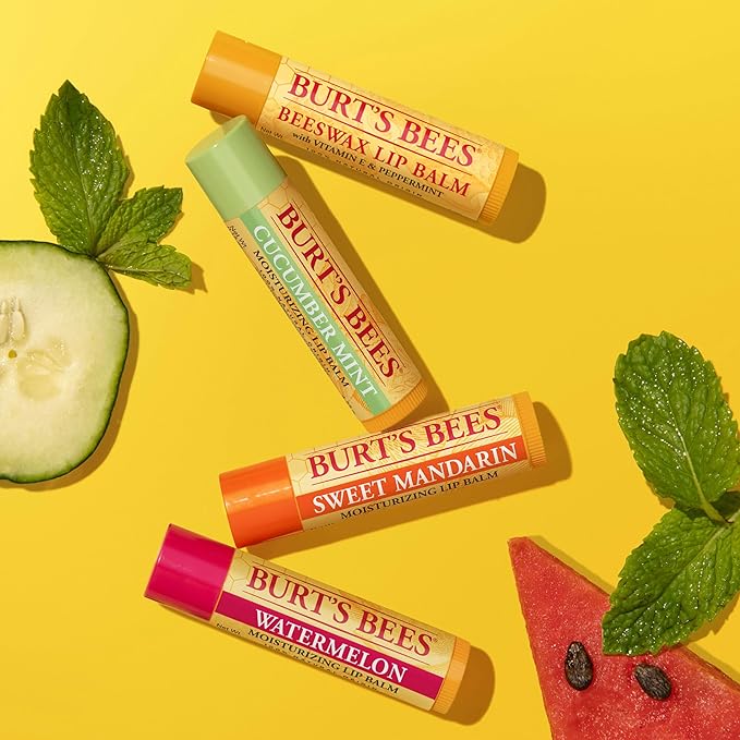 Burt's Bees Lip Balm - Original Beeswax, Cucumber Mint, Watermelon & Sweet Mandarin, With Responsibly Sourced Beeswax, Tint-Free, Natural Origin Treatment, 4 Tubes, 0.15 oz.-Velvo Beauty