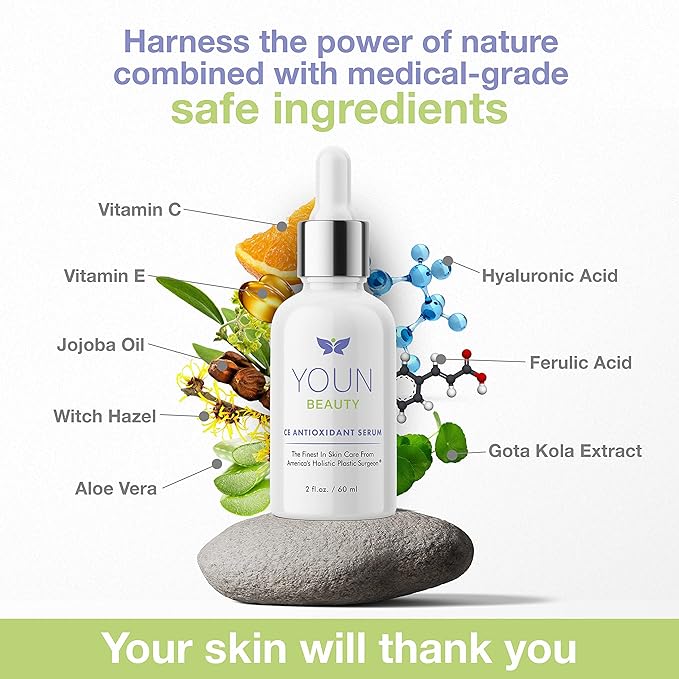 YOUN Beauty 20% Vitamin C Face Serum with Hyaluronic Acid, Ferulic Acid & Vitamin E by Holistic Plastic Surgeon Dr. Anthony Youn | Antioxidant Serum for Face for Skin Hydration, 60 ml-Velvo Beauty