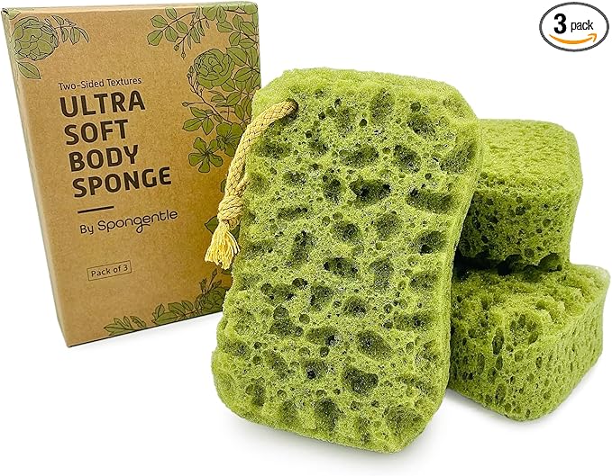 Spongentle Deep Cleansing Dual Texture Body Loofah Sponge, Vacuum Sealed, for Bath and Shower, for Gentle and Deep Exfoliation, Generous and Rich Lather, (Pack of 3)-Velvo Beauty