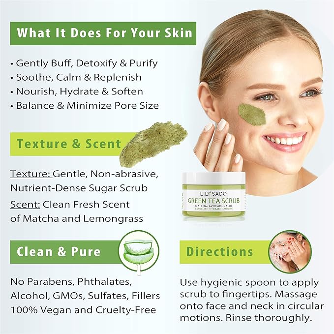 LILY SADO MATCHA MADE IN HEAVEN™ Sugar Facial Scrub - Best Daily Facial Exfoliating Cleanser for Women & Men - Vegan Face Wash Exfoliates Skin, Treats Acne, Reduces Pore Size - 4 oz-Velvo Beauty