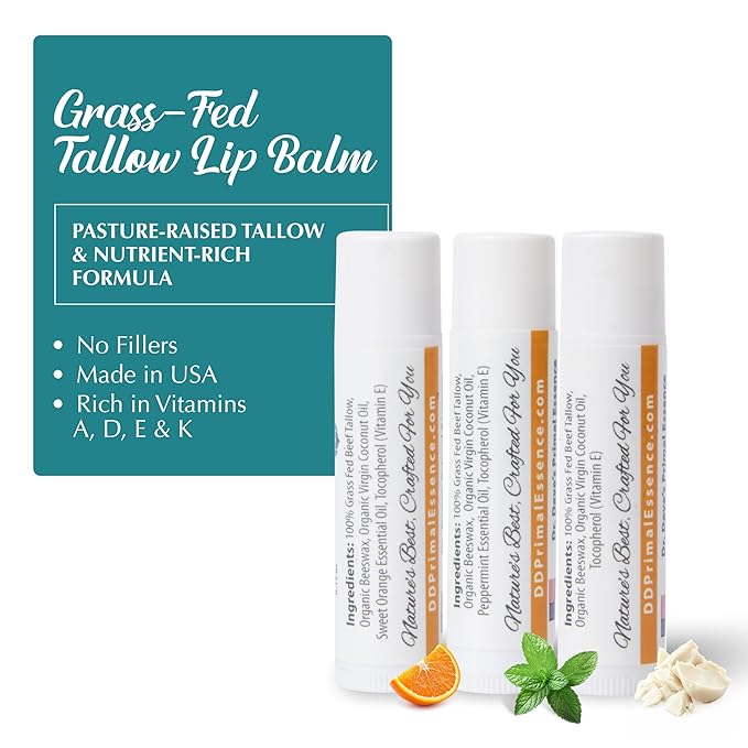 Moisturizing Tallow Lip Balm – Grass-Fed Beef Tallow with Organic Coconut Oil, Beeswax, and Vitamin E – Lip Balm Set – Variety Pack – Travel Essential – 3-Pack-Velvo Beauty