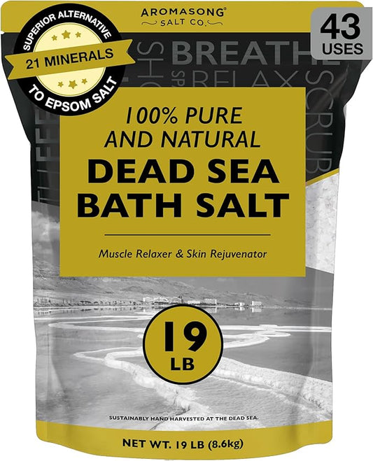 Aromasong Dead Sea Salt - Spa Bath Salt - 19 Lbs Fine Grain Bulk - 100% Pure - Better Absorbing Than Epsom Salt - Soak for Women & Men for Skin Issues and to Relax Tired Muscles - Resealable Pack.-Velvo Beauty