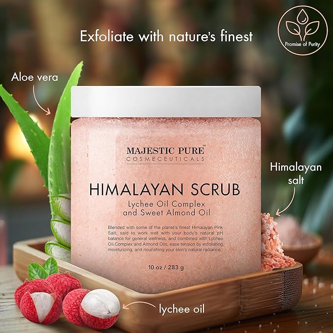 MAJESTIC PURE Himalayan Salt Body Scrub with Lychee Oil, Exfoliating Salt Scrub to Exfoliate & Moisturize Skin, Deep Cleansing - 10 oz-Velvo Beauty
