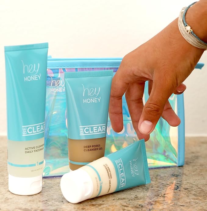Hey Honey Skincare Be Clear 3-Step Acne Clearing Kit |Clear Face Wash, Deep Pores Cleansing, Overnight Treatment | with Propolis & Honey | Clear Blemish Skin Purifying Formulas | 3-Piece Kit-Velvo Beauty