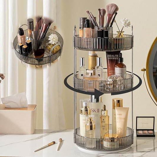 Rotating Makeup Organizer for Vanity, High-Capacity Skincare Clear Make Up Storage Perfume Organizers Cosmetic Dresser Organizer Countertop 360 Spinning (Gray, New-3 Tier)-Velvo Beauty
