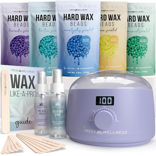Tress Wellness Waxing Kit for Sensitive Skin – Safe for Face & Skin, Prep & Aftercare Spray, Easy to Use – At-Home Kit for Face, Bikini, Brazilian & Full Body - Digital Display, Purple-Velvo Beauty