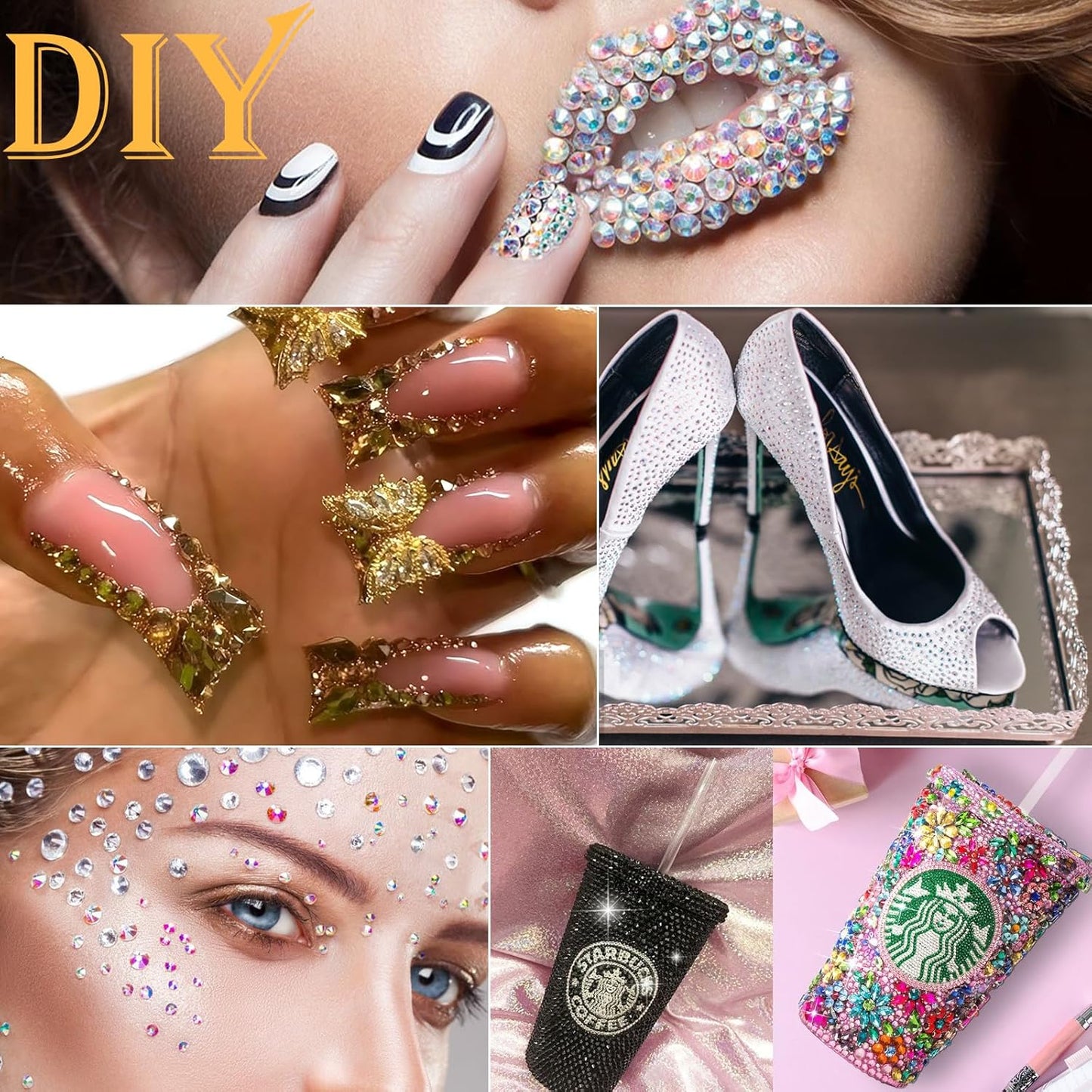 Canvalite 2784Pcs Gold Rhinestones Flatback Gems, Nail Rhinestones Nail Art Gems with Jewelry Glues, Pick Up Tweezers and Rhinestone Picker Dotting Pen, Nail Art Tools for Nails, Clothes, Face, Craft-Velvo Beauty