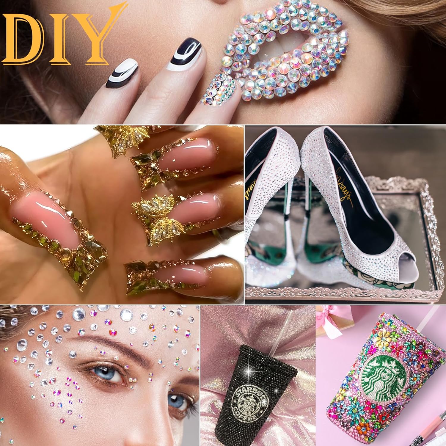Canvalite 2784Pcs Gold Rhinestones Flatback Gems, Nail Rhinestones Nail Art Gems with Jewelry Glues, Pick Up Tweezers and Rhinestone Picker Dotting Pen, Nail Art Tools for Nails, Clothes, Face, Craft-Velvo Beauty