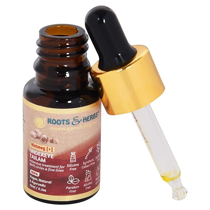 ROOTS AND HERBS Ayurvedic Natural Treatment 100% Vegan No Paraben Nutmeg Undereye Nourishment Oil for Men and Women -10 ml-Velvo Beauty