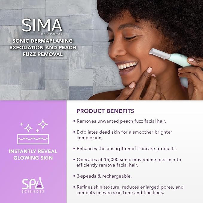 SPA SCIENCES - SIMA Patented Dermaplane Razor for Women Face – Painless 2-in-1 Facial Exfoliation & Peach Fuzz Hair Removal – Anti-Aging – 3 Speeds – Rechargeable – 7 Weeks Treatment-Velvo Beauty