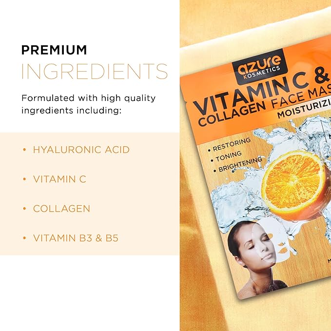 Azure Cosmetics Vitamin C & Collagen Face Mask - Dermatologist Tested, Anti Aging, Hydrating & Moisturizing Sheet Mask for Dry Skin - Firms, Tones & Smooths Fine Lines - Korean Skin Care - Pack of 5-Velvo Beauty