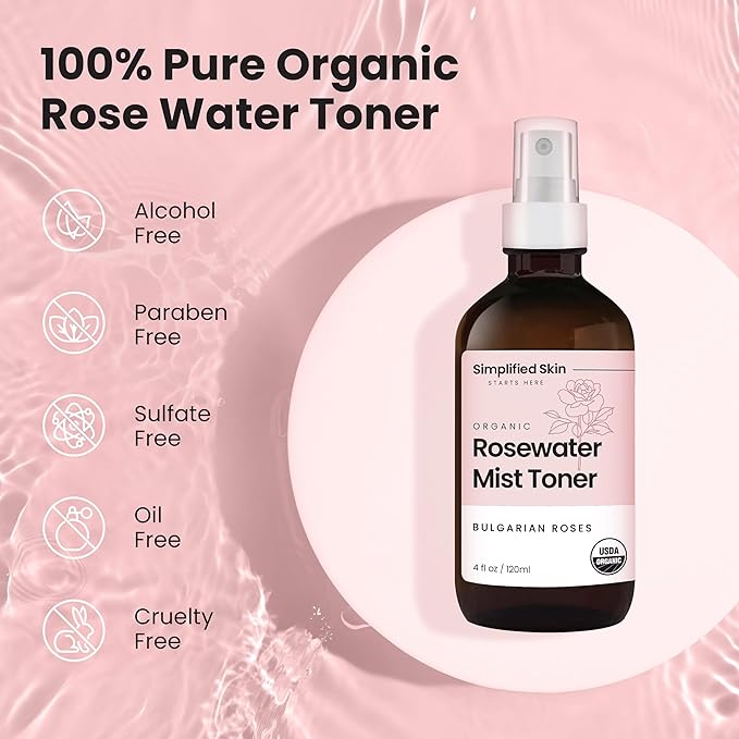 Rose Water Spray for Face & Hair - Organic USDA Certified Rosewater Facial Toner - Alcohol-Free Makeup Setting Hydrating Face Mist - Anti-Aging Toner Spray - 4 Oz-Velvo Beauty