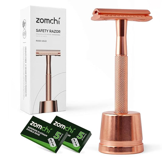Safety Razor for Women, Men's Single Blade Razor with a Razor Stand with 10 Blades, Double Edge Razor with a Texture Handle, Metal Razor Women, Fits All Double Edge Razor Blades (Rose Gold)-Velvo Beauty