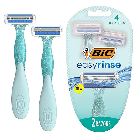 BIC EasyRinse Anti-Clogging Women's Disposable Razors for a Smoother Shave With Less Irritation*, Easy Rinse Shaving Razors With 4 Blades, 2 Count-Velvo Beauty