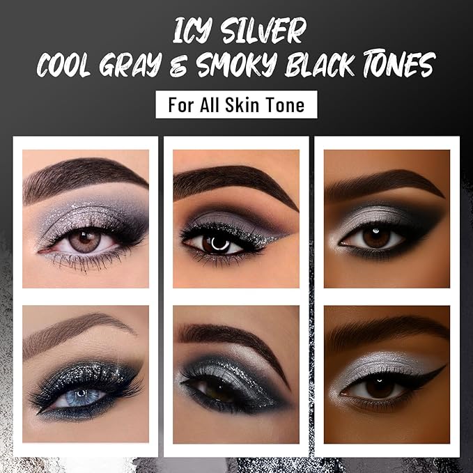 Black Eyeshadow Palette with Mirror Silver Gray Black Tones Matte Shimmer Smokey 6 Colors Mini Eye Shadow Pallet Travel Size Highly Pigmented for Vampire Clown Joker Goth Halloween Makeup-Velvo Beauty