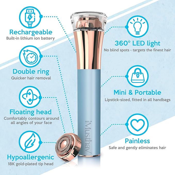 Flawless Facial Hair Remover for Women Painless Electric Razor Epilator Trimmer Shaver with 18K Gold-Plated, 16mm Dual Ring Floating Head, USB Rechargeable, 360° LED for Face Lip Hair Removal-Velvo Beauty
