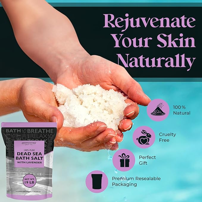 Aromasong Pure Dead Sea Salt for Soaking with 100% Natural Lavender, 19 LB - Spa Bath Salt Fine Grain - Body Wash Scrub - Soak for Women & Men- Bulk Resealable Pack-Velvo Beauty