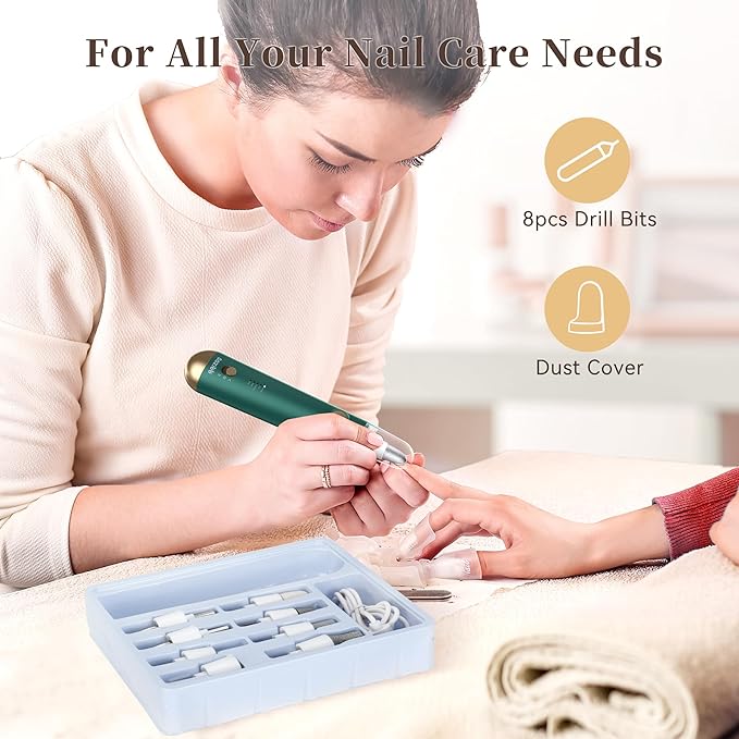 Electric Nail Drill, 8-in-1 Cordless Electric Nail File with LED Light, 5 Speeds Rechargeable Manicure and Pedicure Kit Hand Foot Care Tool for Nail Grinder Trim Polish for Women Baby-Velvo Beauty