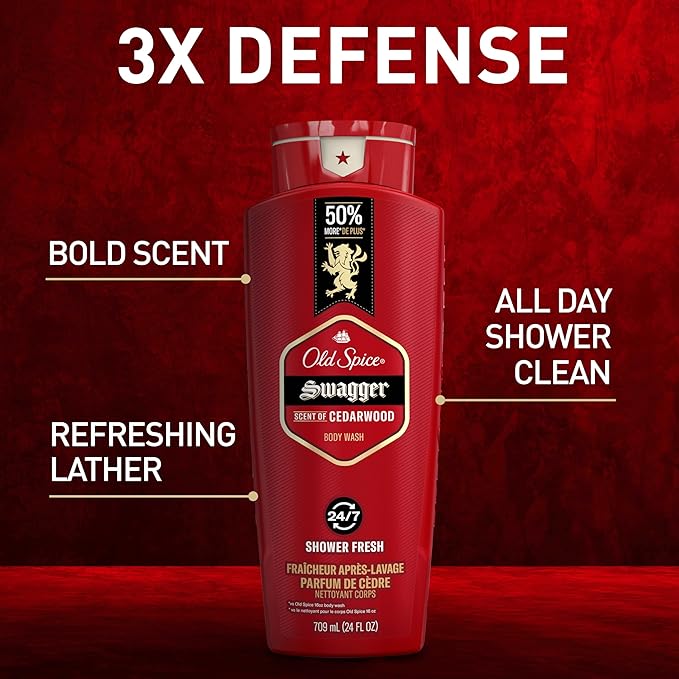 Old Spice Body Wash for Men, 24/7 Shower Fresh with Lasting Scent, Red Collection, Swagger with Cedarwood Scent, 24 fl oz (Pack of 2)-Velvo Beauty