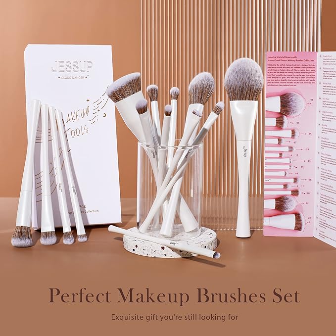 Jessup Makeup Brushes Set 14pcs Make up Brushes Premium Synthetic Foundation Concealer Blush Contour Powder Eye Shadow Blending Brush, Pearl White T343-Velvo Beauty