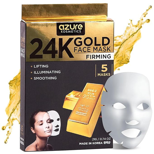Azure Cosmetics 24K Gold Firming Face Mask- Anti Aging, Hydrating, Toning & Firming Facial Mask - Helps Reduce Wrinkles & Fine Lines with Hyaluronic Acid & Collagen - Made in Korea - Pack of 5-Velvo Beauty