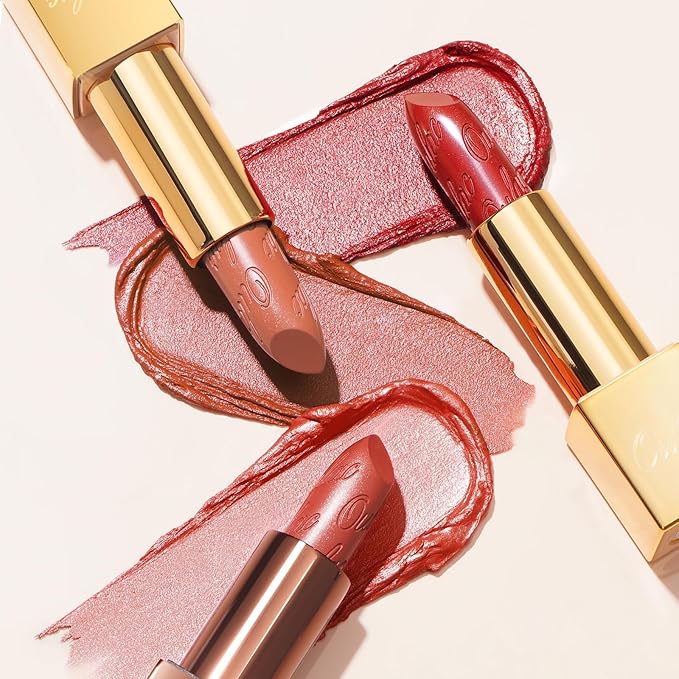Oulac Metallic Orange Lipstick Set 3PCS, Comfortable Creamy Texture, Smooth No Grainy Feeling, Vegan & Gluten Free, Full-Coverage Lip Makeup, 3 X 4.3 g, 605+02+05-Velvo Beauty