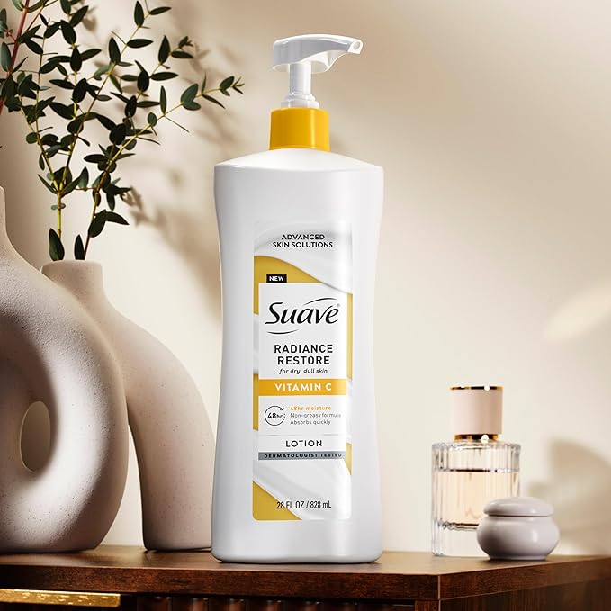 Suave Radiance Restore Hand & Body Lotion For Women With Vitamin C, Brighten & Hydrate Dry, Dull Skin, Non Greasy, Moisturizing Cream Evens Skin Tone, Allergen Free, 28 FL OZ Pump, 4 Pack-Velvo Beauty