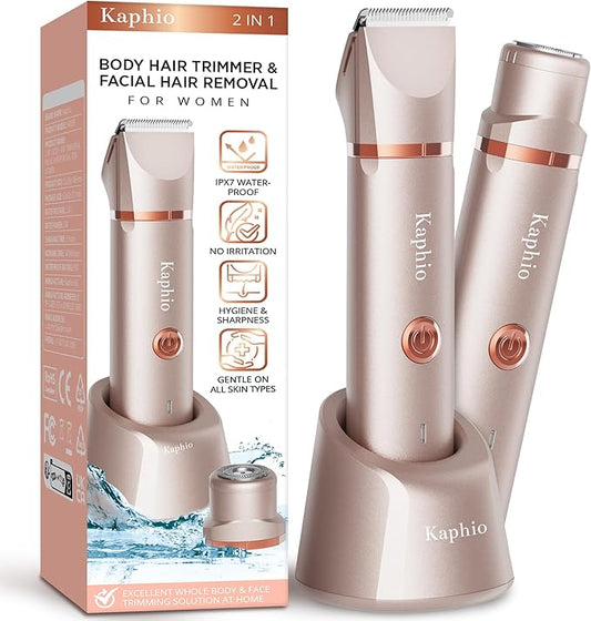 Electric Bikini Trimer Shaver Women: 2 in 1 IPX7 Waterproof Wet & Dry Use Body Hair Trimmer and Facial Hair Remover - Rechargeable Hair Removal Kit for Bikini Underarm Leg Arm Body Face-Velvo Beauty