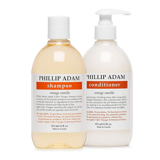 Phillip Adam Orange Vanilla Shampoo and Conditioner Set for All Types of Hair – Apple Cider Vinegar Formula - Enhance Shine and Restore Smoothness - 12 Ounce Each-Velvo Beauty