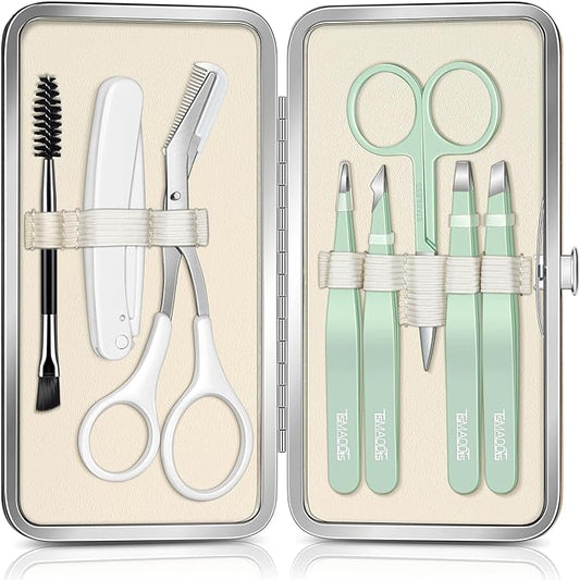 TsMADDTs Tweezers for Women, 8 in 1 Eyebrow Kit with Tweezers, Trimmer, Scissor, Razor, Brush with Travel Bag, Eyebrow Shaping Kit-Velvo Beauty