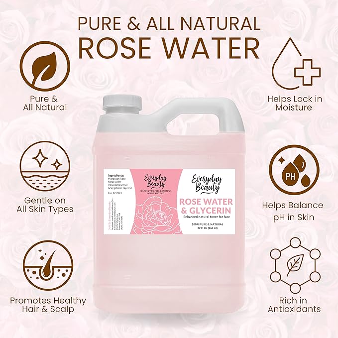 Rose Water & Glycerin Enhanced Facial Toner - 32oz Bulk Alcohol-Free Vegan All Natural Refreshing for Face and Hair - Uplifts, Calming & Soothing for All Skin Types…-Velvo Beauty
