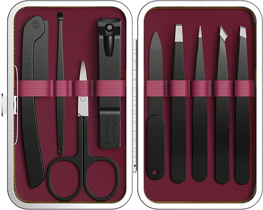 Yougai 9 Pcs Tweezers and Nail Clippers Set for Women Facial Hair with Travel Case, Professional Stainless Steel Eyebrow Tweezers Kit Great Precision Tweezers for Daily Beauty Tool-Velvo Beauty