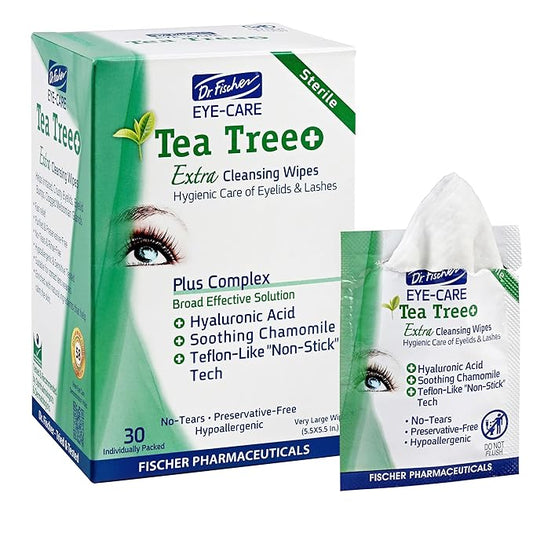 Dr. Fischer Tea Tree Oil Eye Wipes - Eyelid Wipes for Sensitive Eyes with Hyaluronic Acid and Chamomile, Makeup Remover, Daily Cleanser (30 wipes)-Velvo Beauty