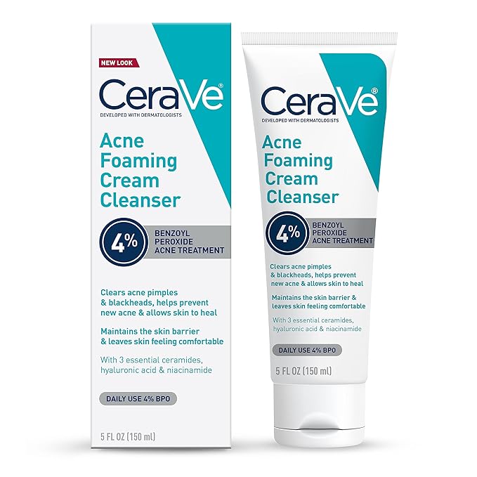 CeraVe Acne Foaming Cream Cleanser, 4% Benzoyl Peroxide Face Wash With Hyaluronic Acid, Niacinamide & Ceramides, Gentle Daily Acne Treatment For Face-Velvo Beauty