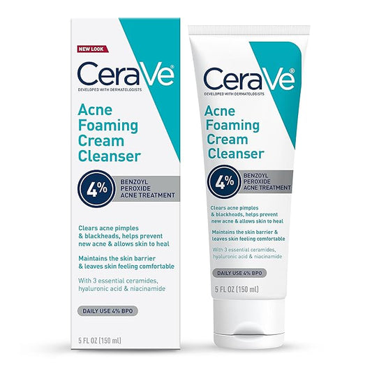 CeraVe Acne Foaming Cream Cleanser, 4% Benzoyl Peroxide Face Wash With Hyaluronic Acid, Niacinamide & Ceramides, Gentle Daily Acne Treatment For Face-Velvo Beauty