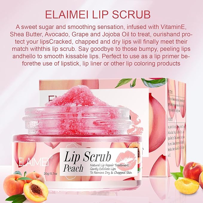 Lip Scrubs Exfoliator & Moisturizer, Lip Repair for Lush Soft Lips, Lip Moisturizer for Chapped Dry and Flaky Lips Treatment (Peach)-Velvo Beauty