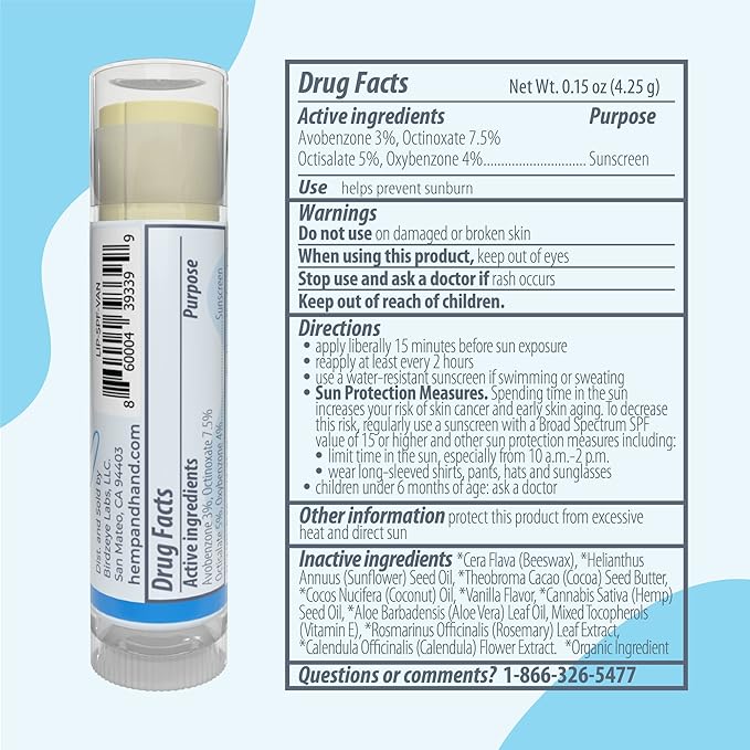 Organic Vanilla Hemp Lip Balm with Beeswax, Coconut Oil and Vitamin E - SPF 30 (2-Pack) - by Hemp and Hand-Velvo Beauty