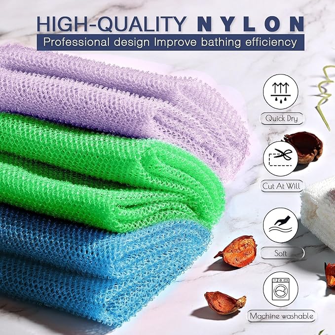UJFQBH 3 Pieces African Bath Sponge African Net Long Net Bath Sponge Exfoliating Shower Body Scrubber Back Scrubber Skin Smoother,Great for Daily Use (Pale Purple, Blue, Green)-Velvo Beauty