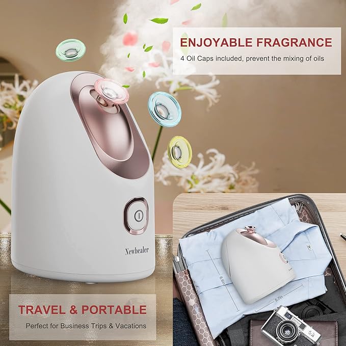 Newbealer Facial Steamer, Mini Aroma Face Steamer, Nano Ionic Hot Mist Face Humidifier for Facial Deep Cleaning, Home Sauna Spa Sprayer with 9 Pieces Acne Remover Kit (White-Gold, 160 ML)-Velvo Beauty